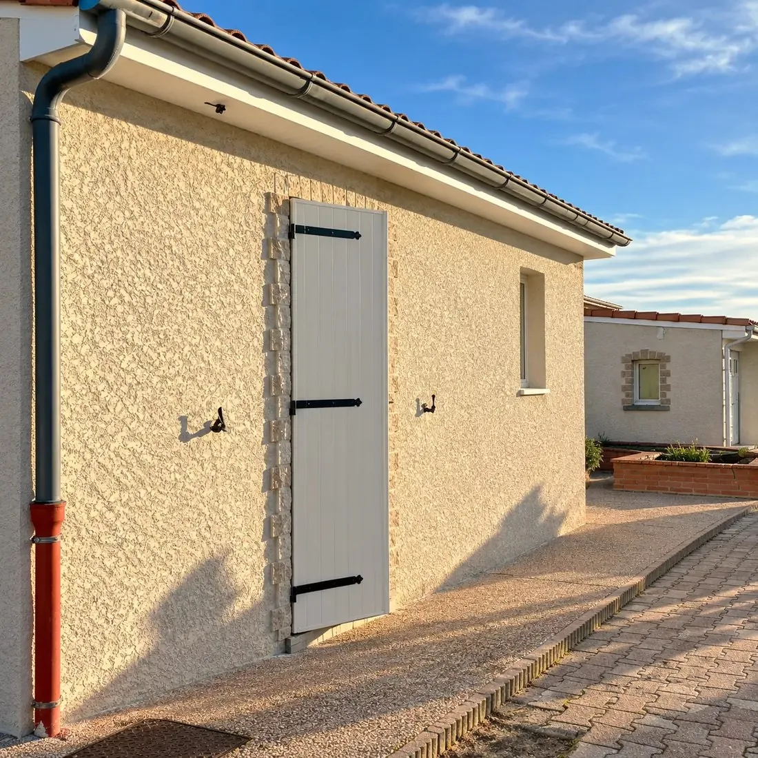 Façade de maison enduite après ravalement, avec volets et gouttière