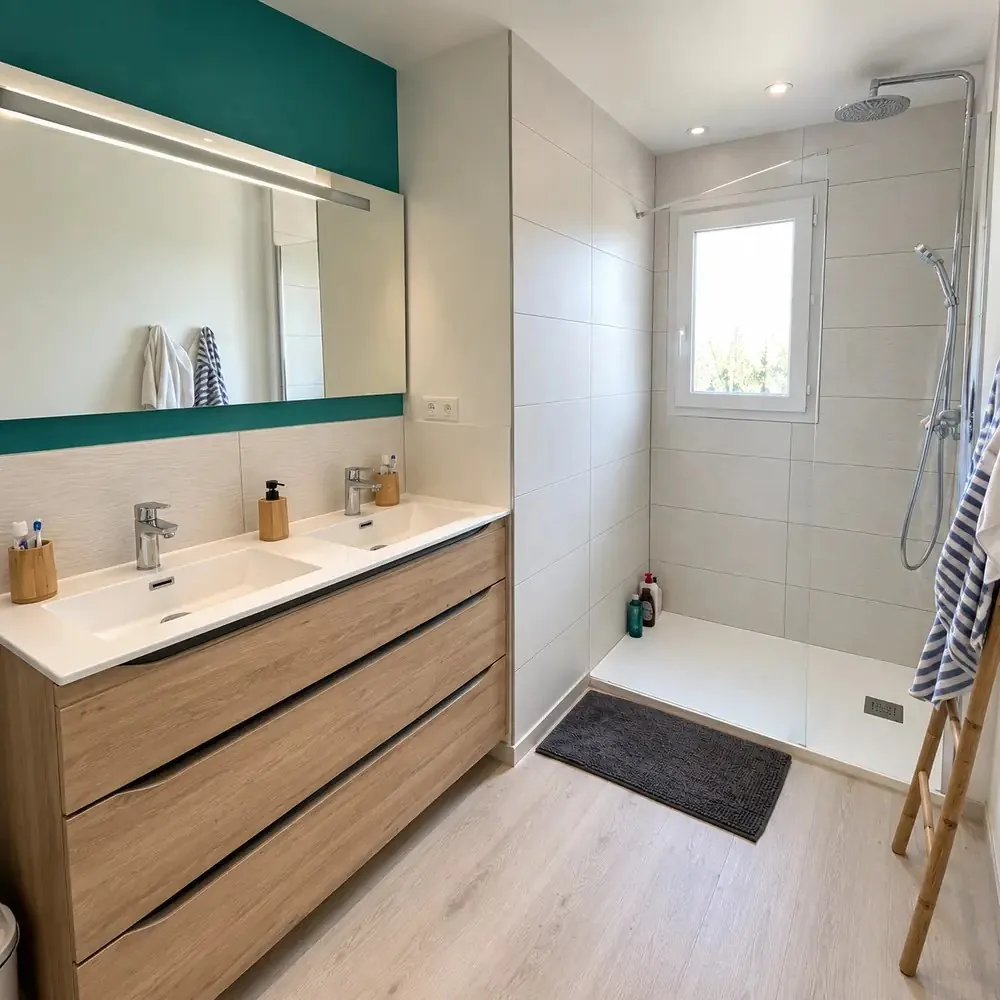 Salle de bains rénovée avec double vasque et douche à l’italienne